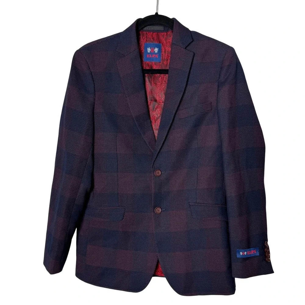 ELPA Boys‎ 2 Piece Formal Plaid Blazer and Vest Set Navy Burgundy Kids Size 18